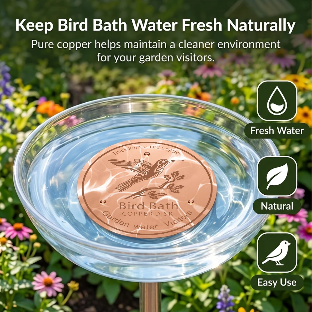 Copper Bird Bath Disk for Fresh Water Garden, Thick Reinforced Hummingbird Design to Keep Water Clean for Outdoor