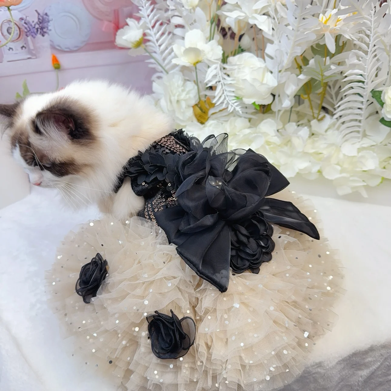 Fashion Sexy Black Roseflower Puppy Dog Clothing Sequin Lace Sling Princess Dress For Small Medium Dog Chihuahua Pet Dog Clothes