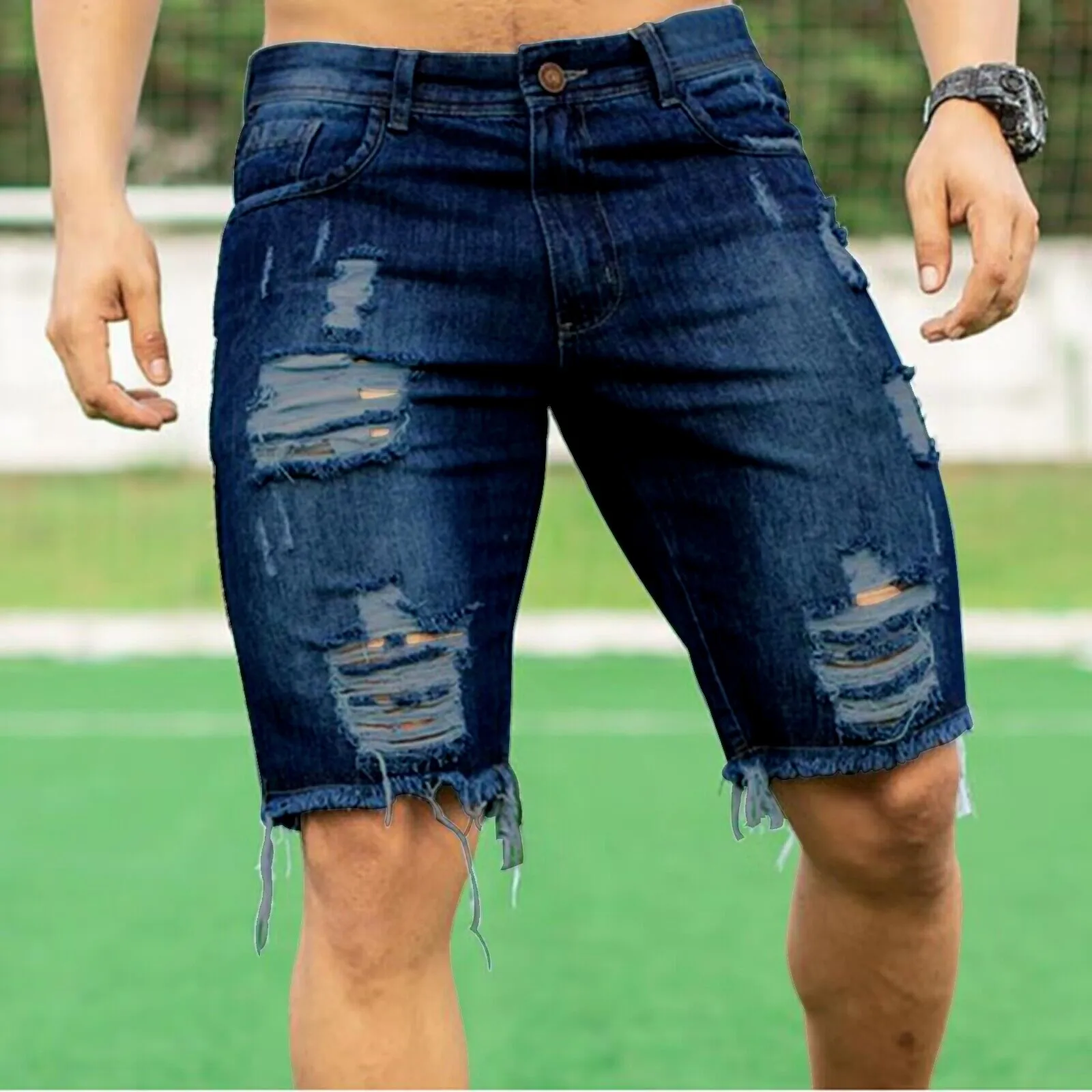 Calção jeans rasgada e angustiada masculina, jeans curto solto, calças de perna larga, grande, hip hop, verão, 2023