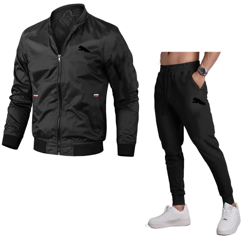 Men\'s casual jacket Spring and Autumn new style solid color comfortable zipper style fashionable windproof jacket+pants