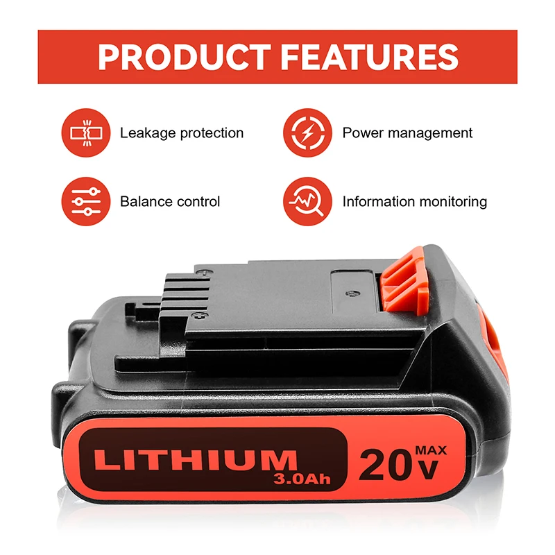 For BLACK & DECKER 20V 3000mAh Rechargeable Lithium Battery for LB20 LBX20 LBXR20 LBXR2020 LB2X4020-OPE Power Tools and Charger