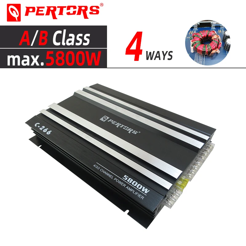 Aluminum 4-ch A/B Class Car Audio Amplifier C-266 with Safety copper fuse max 5800W Pure copper terminals High heat dissipation;