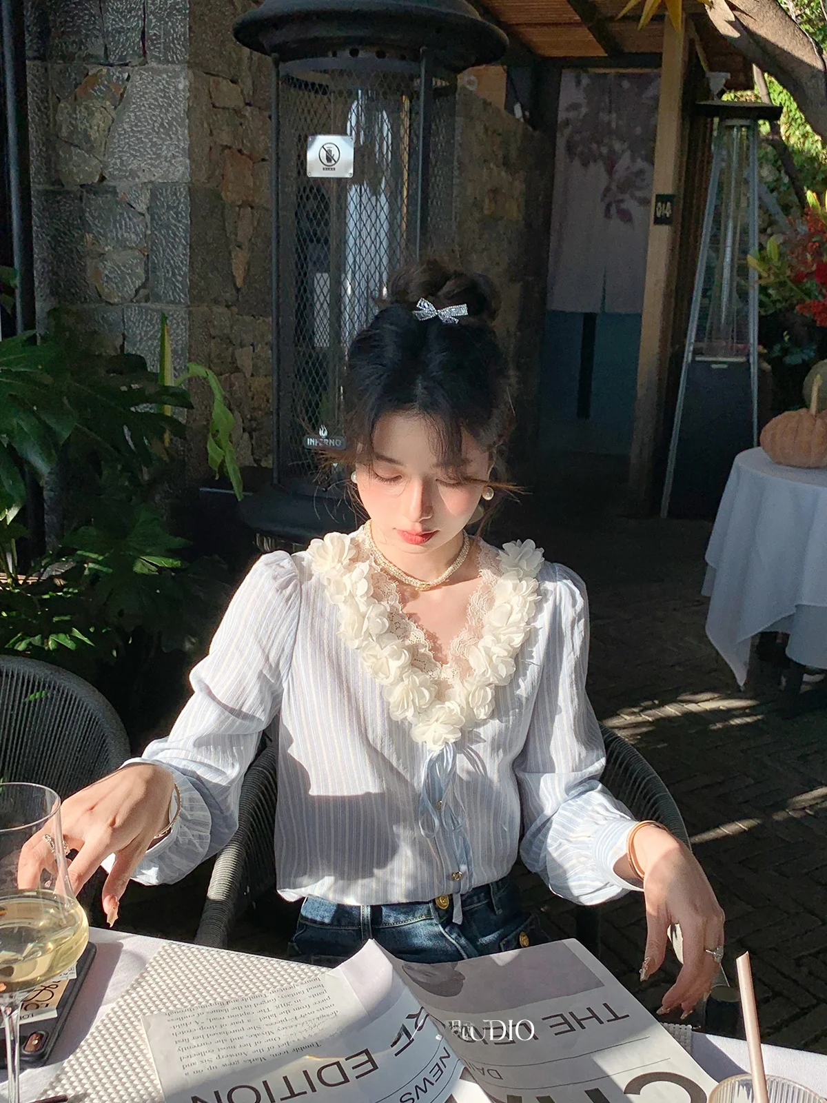 

Blue V-ne Striped irt Women's Early Spring Loose Fit French Sle Long Sve Casual Top by Deer Auntie Zhuo Uncle