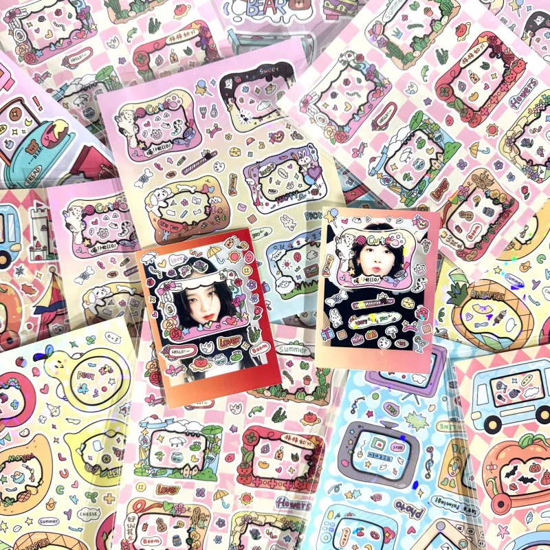 Laser Cute Cartoon Graffiti Style Photo Frame Stickers Diary Handbook Star Photo Card Girl Photo Album Diy Decorative Stickers