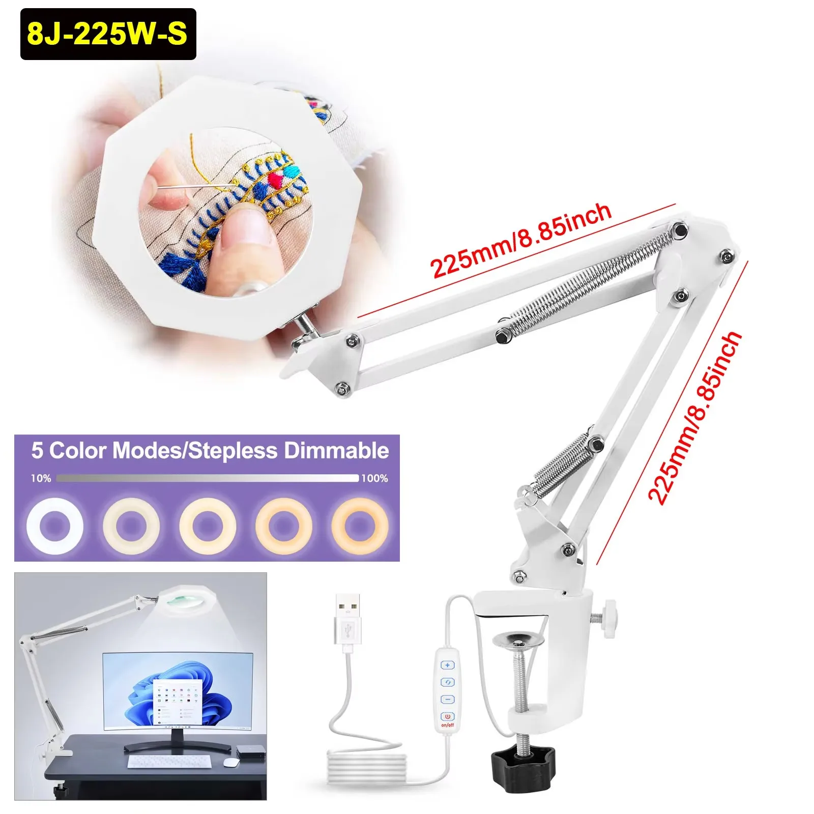 USB 5X Illuminated Magnifier LED Desk Lamp with 5 Colors Dimmable Reading Table Light for Soldeirng Repair Close Work Loupe
