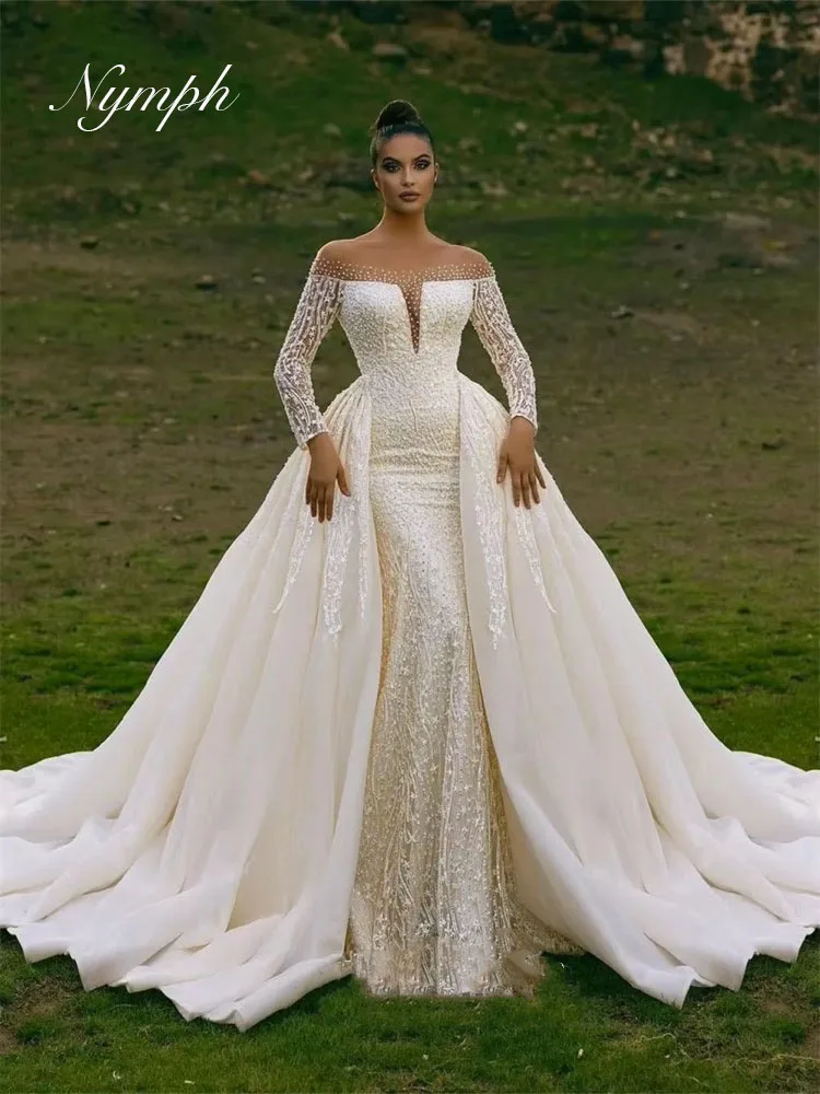 Customized Mermaid Wedding Dress Detachable Train Robe De Mariée Off Shoulder Long Sleeves Women Bride Dresses Vestido De Novia