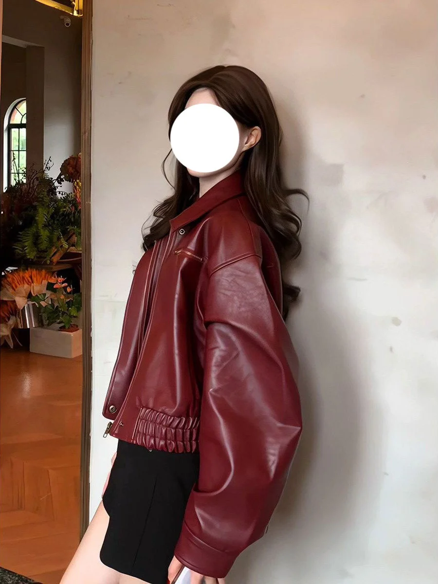 Retro American Sle ort Leather Jaet Women's Red Faionable Coat Korean Sle Zipper ket Novel Polyester Fiber
