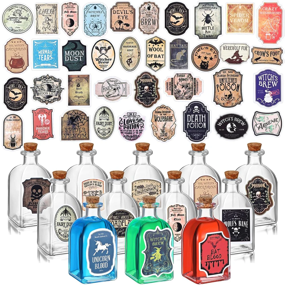 Halloween Glass Potion Bottles with Stickers Square 4 oz Mini Glass Jars with Cork Stopper, Clear Decorative Glass Bottles