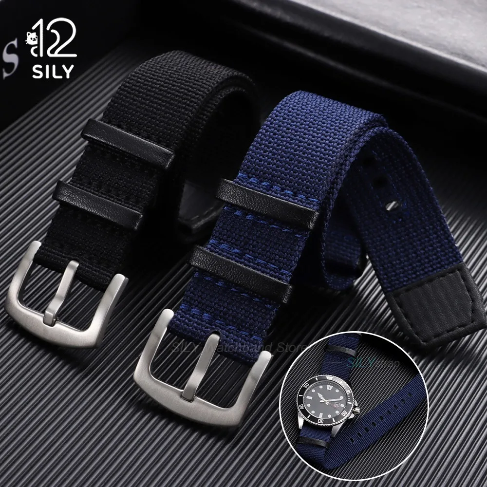 20mm 22mm for Seiko for Rolex Canvas Nylon Patch Leather Strap Watch Bracelet  Watchband for Hamilton for Omega Replacement Band