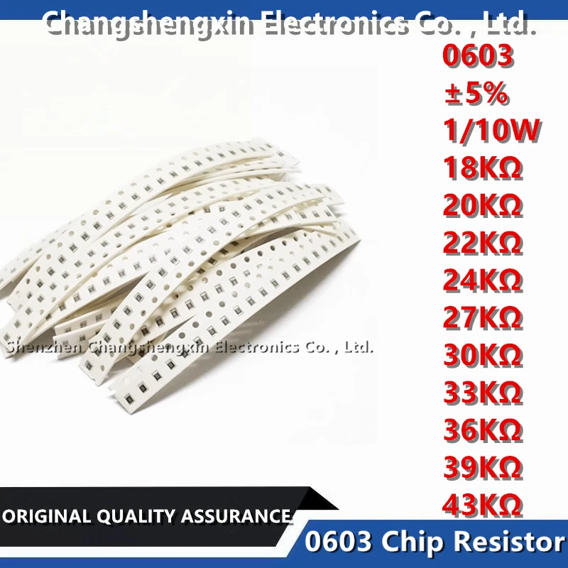 

0603 SMT Chip Resistor Tolerance ±5% Tolerance 18KΩ 20KΩ 22KΩ 24KΩ 27KΩ 30KΩ 33KΩ 36KΩ 39KΩ 43KΩ Ohm 1/10W 0.1W