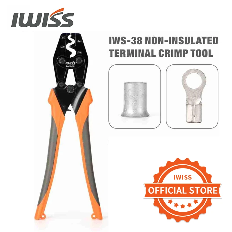 

IWISS IWS-38 Crimping Plier AWG 8-2 for Non-Insulated Terminals/Butt/Splice/Open/Plug Connectors Crimper Wiring Repairs Tool