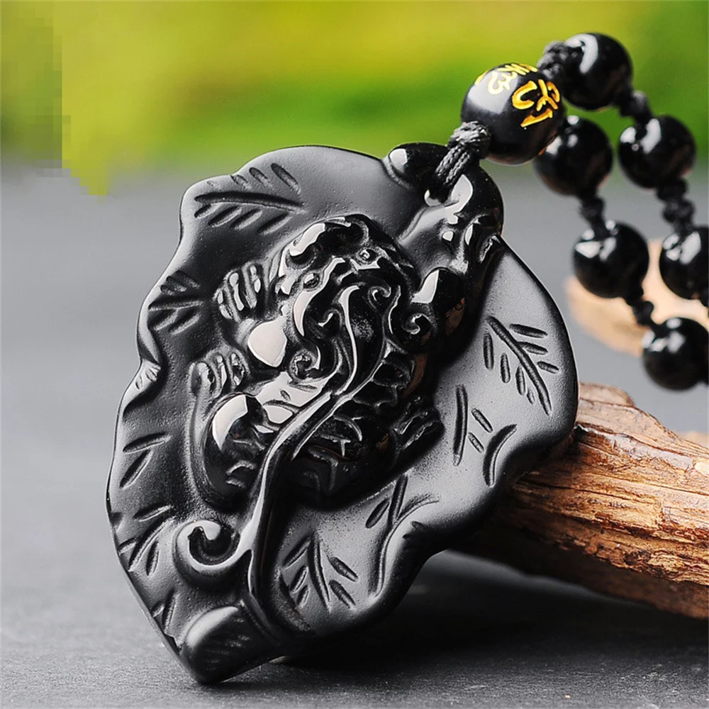 Charm Natural Black Obsidian Carved Chinese Handmade Tree Leaf PiXiu Lucky Pendant Amulet Necklace Trendy Crystal Jewelry