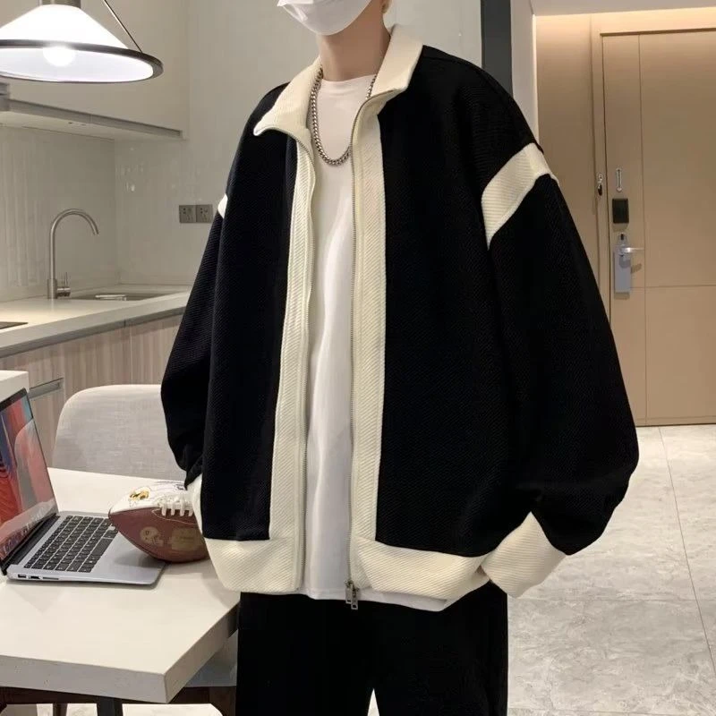 

Повседневная мужская вязаная куртка большого размера в гонконгском стиле с двойной молнией, модный свободный крой, двухцветный свитер, пальто на осень-зиму