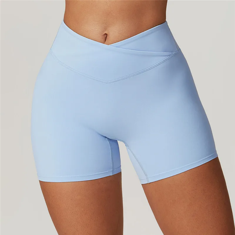 

Eco Friendly Fabric Fitness Yoga Shorts Cross Waistband Workout Clothes Hip Lifting Sport Shorts Gym Running Shorts