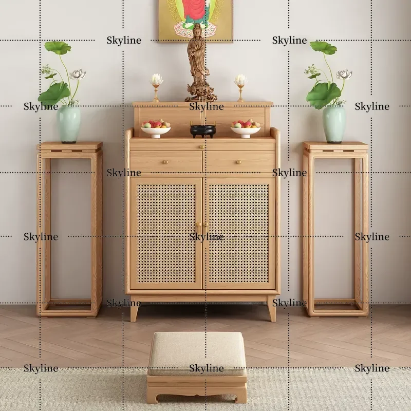 New Chinese Style Solid Wood Buddha Table Two Tier Offering Shrine Cabinet for Guanyin Bodhisattva God of Wealth Household