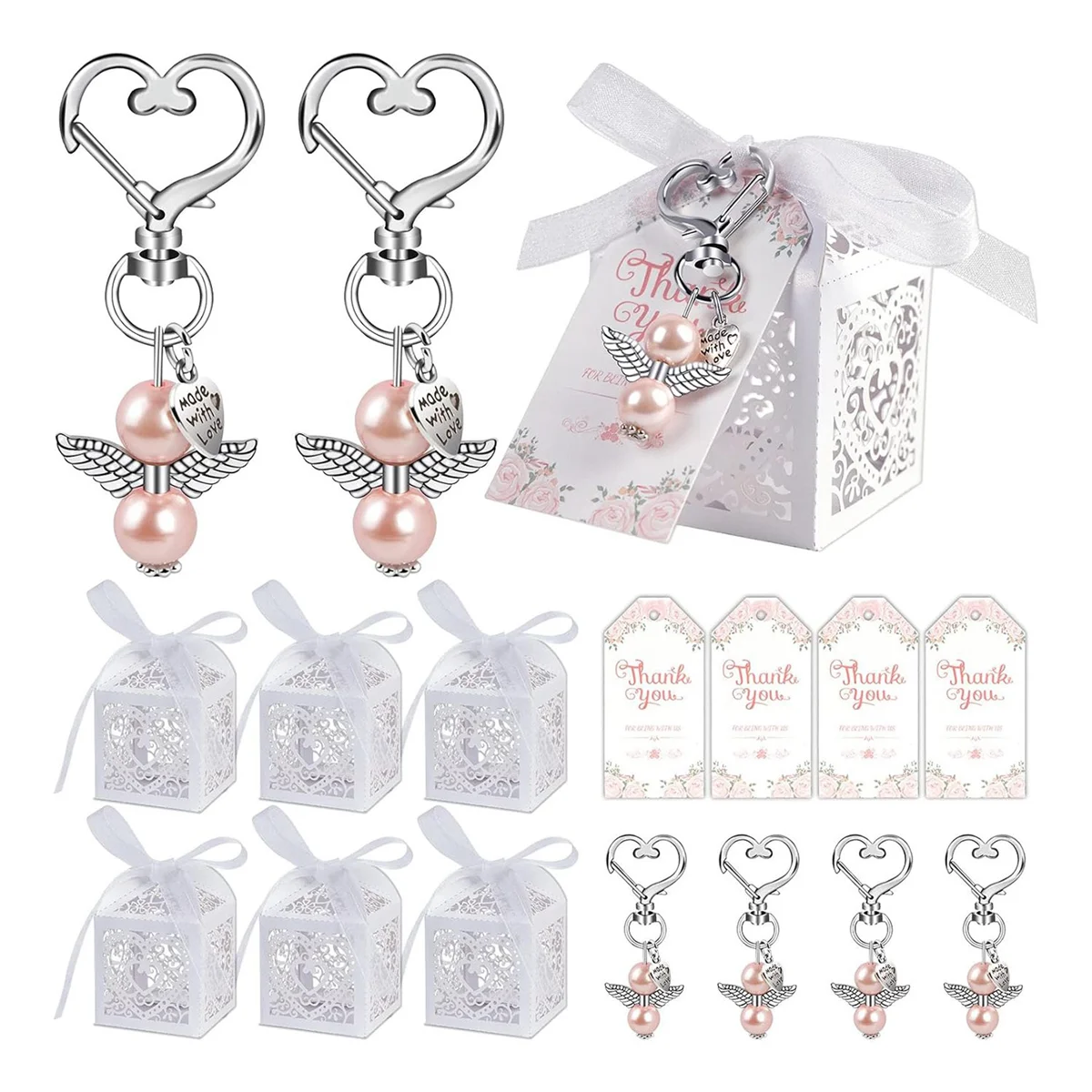 AOA-24Pcs Baby Shower Favors Including Cute Angel Keychains, Favor Boxes and Thank You Cards for Baptism Favors, Bridal