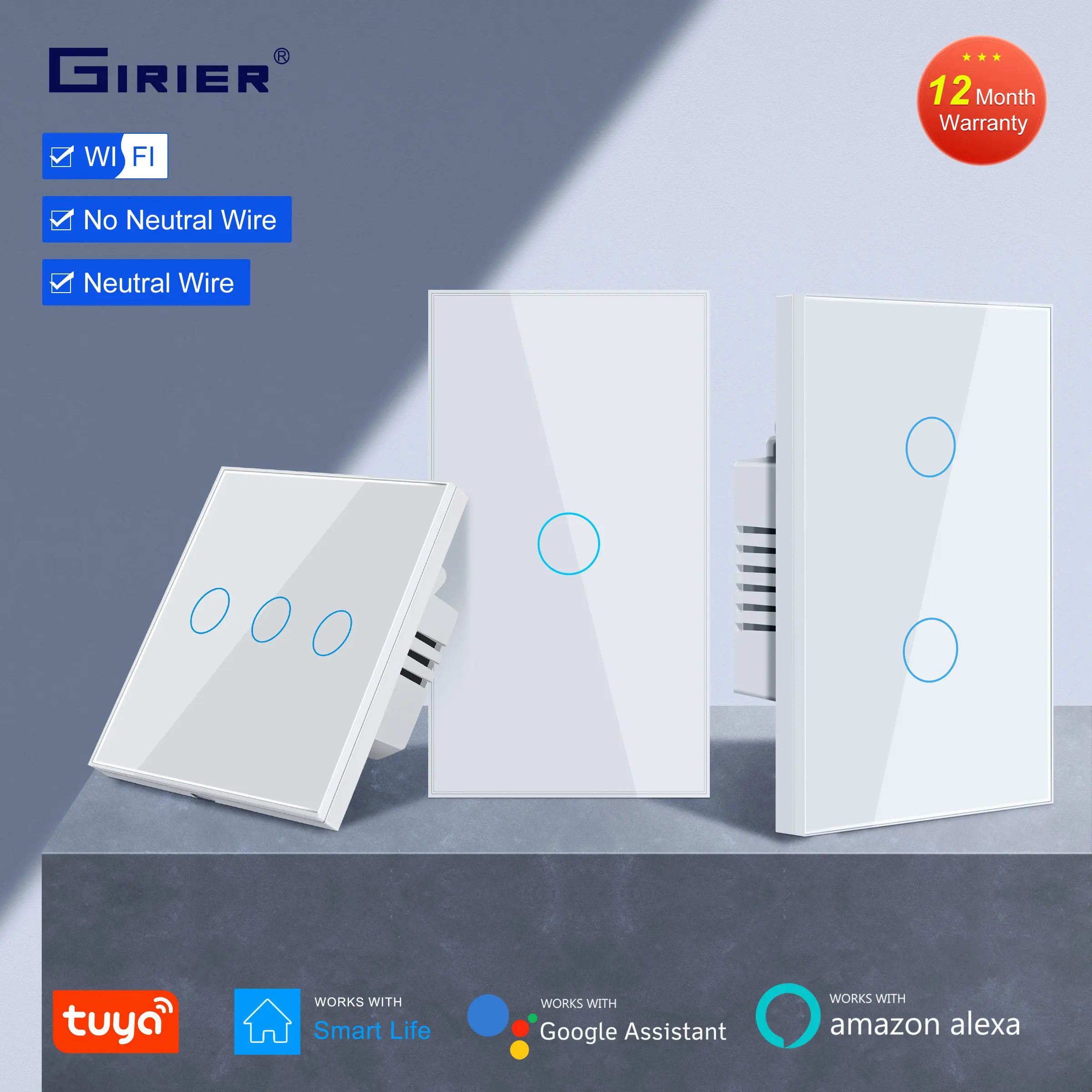 GIRIER Smart Light Switch, Tuya WiFi Wall Touch Switch 1 2 3 Gang Works with or Without Neutral Wire, Support Alexa Google Home