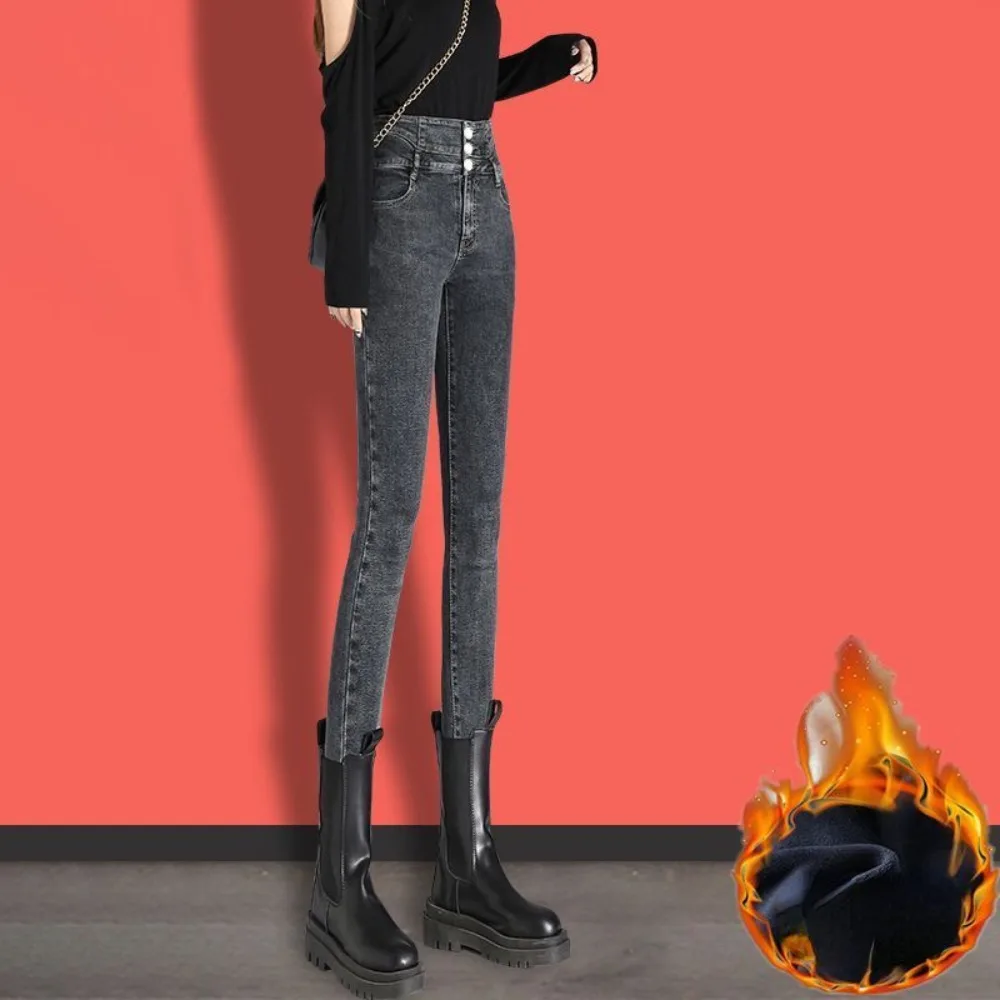 

Зимние толстые бархатные женские джинсы скинни с высокой талией, простые флисовые теплые облегающие эластичные женские повседневные джинсовые брюки-карандаш для женщин