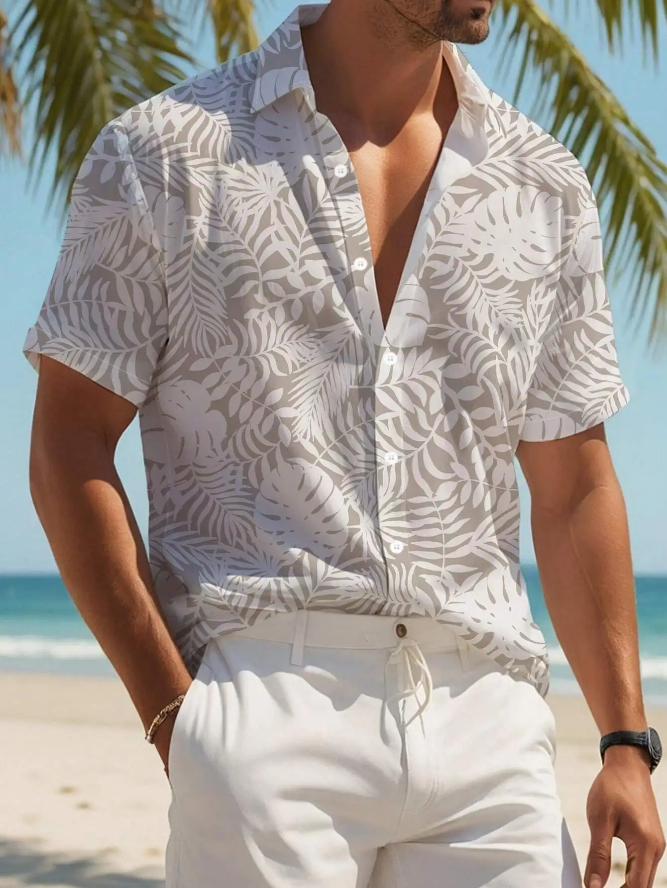 

Men's Short Sleeve Button-Down Shirt with Tropical Leaf Print for Summer Beach & Casual Wear