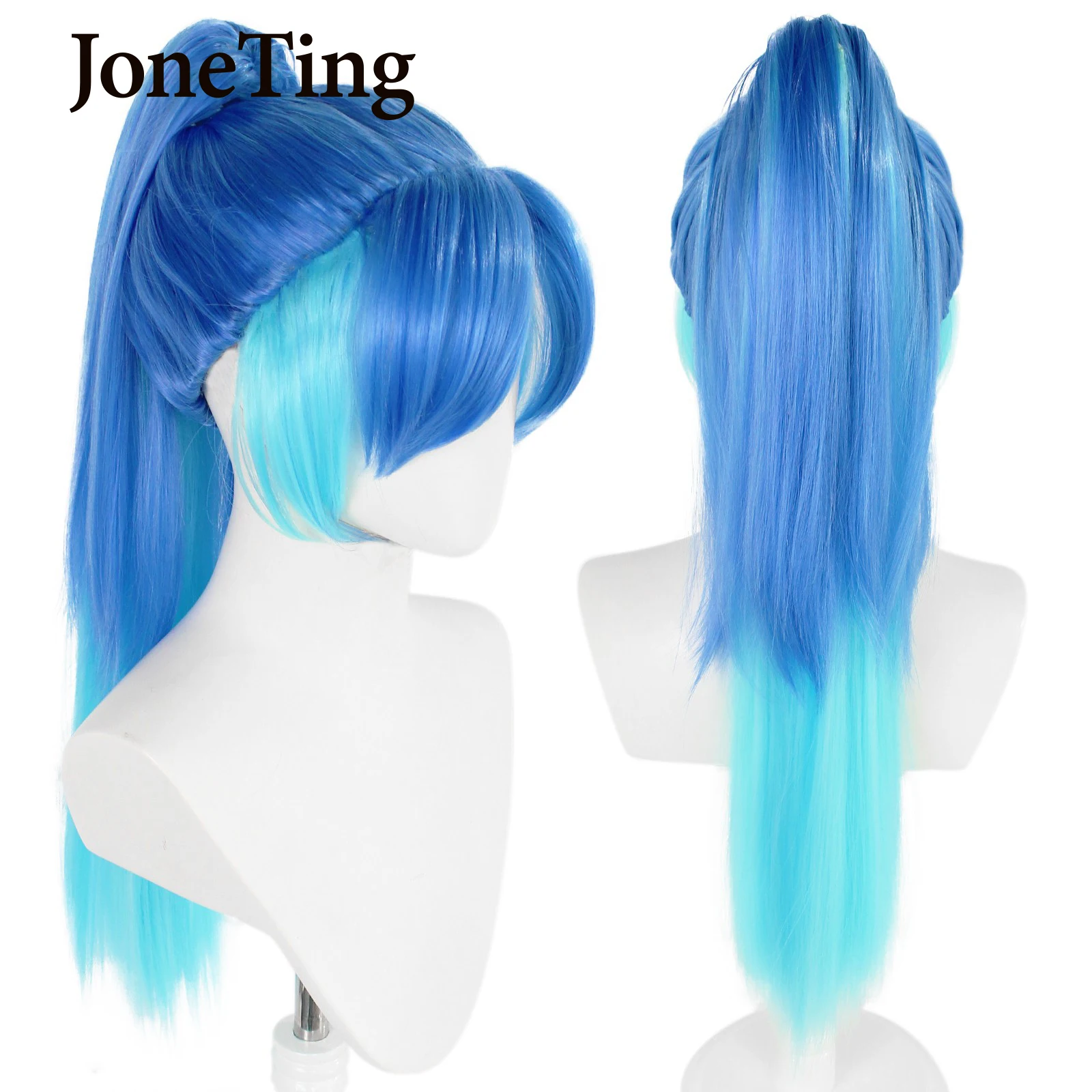 JT Synthetic Blue Long Straight Hair with Bangs Wig Lolita Light Blue Hair with Ponytails Cosplay Wig Heat Resistant Fiber Wig