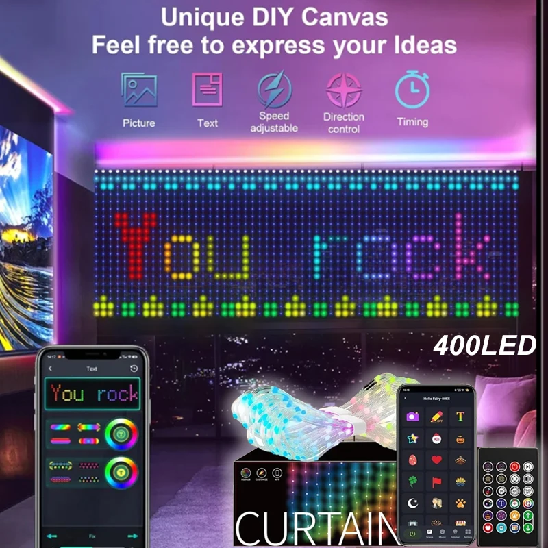 400LED RGBIC Smart Curtain Lights Bluetooth App Control DIY String Waterproof Fairy Light USB Plug Text Pattern Party Room Decor