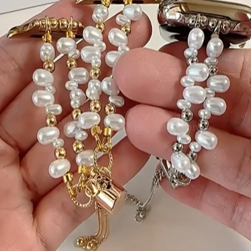 38/40/41 مللي متر معدن النساء غرامة ل IWatch 7 8 9 الفرقة 42/44/45/46/49 مللي متر ل أبل ساعة SE Ultra2 غير النظامية اللؤلؤ الذهب سوار ساعة #4