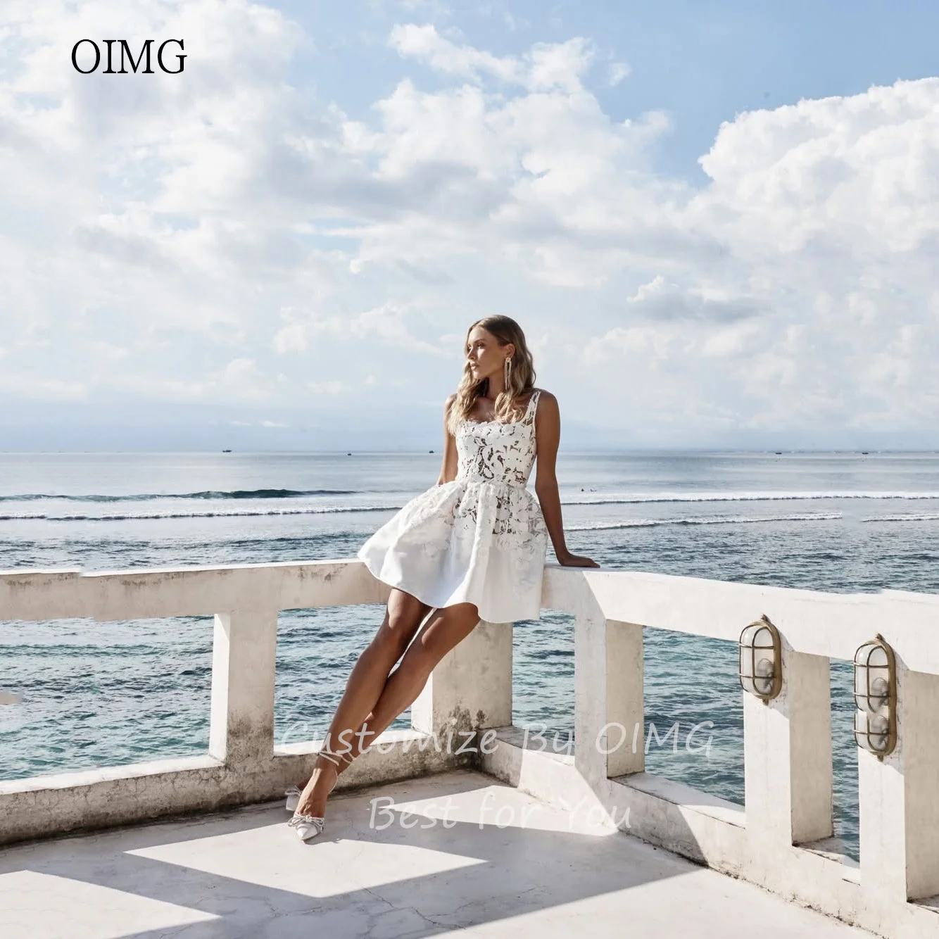 OIMG-Robe de Mariée Simple en Ivoire à Col Carré, Tenue Courte en Dentelle Tachée, Quelle que soit la Taille Personnalisée