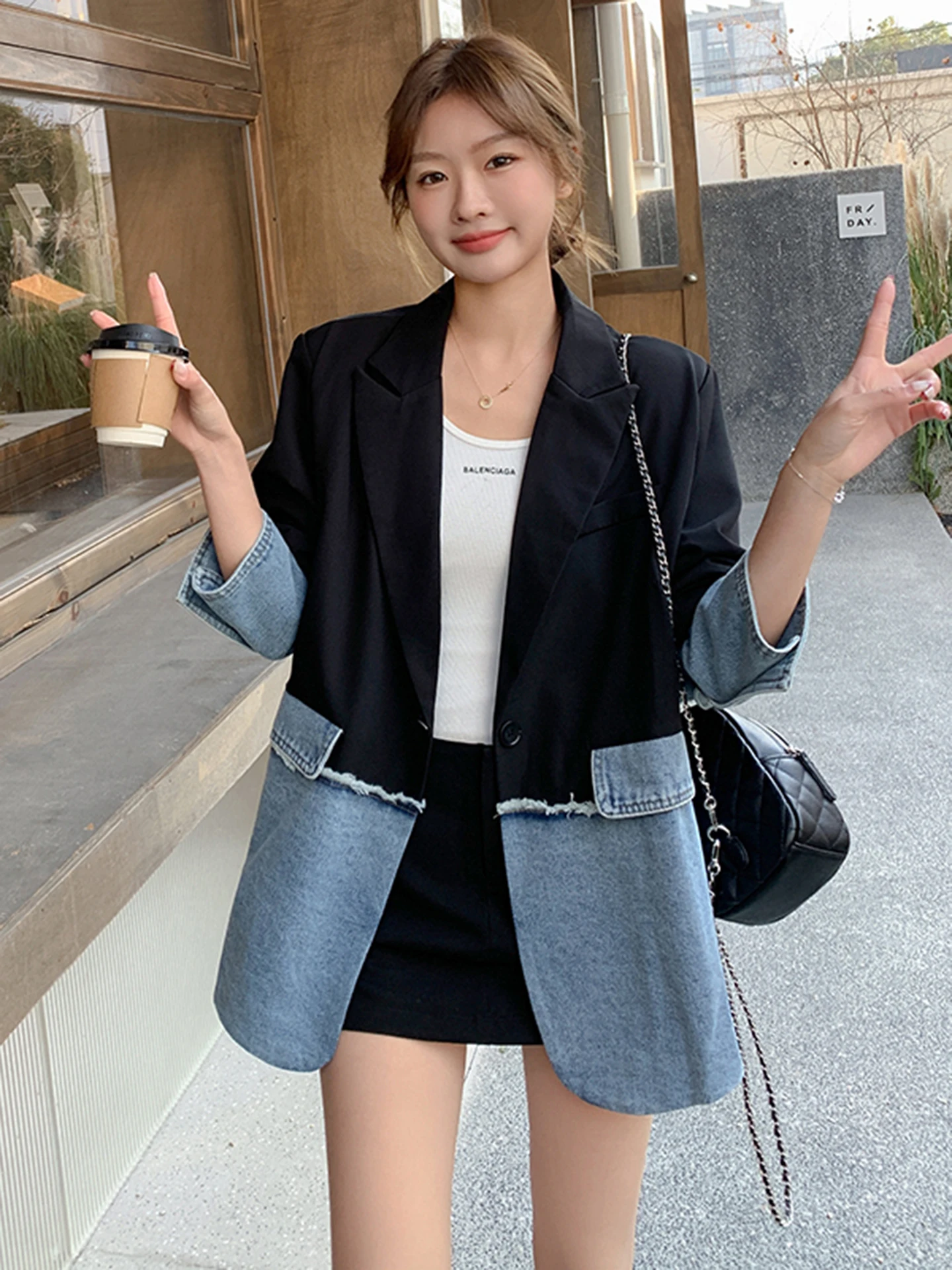 

Retro Denim Patchwork Suit Jaet Women's Casual Loose Sle Korean Version Spring Autumn New Faion Top Casual Wear