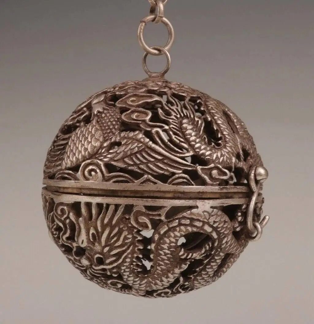 Old Chinese Tibet Silver Handcarved Dragon And Phoenix Hang Perfume Bag