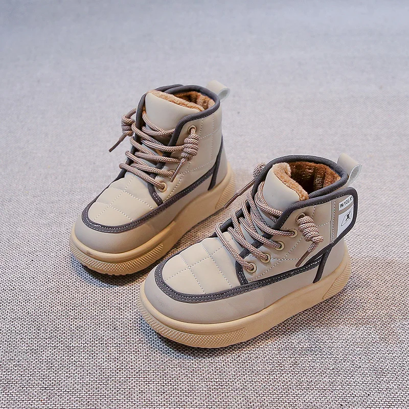 

Children's short boots with fur lined leather upper high-top casual shoes New winter cotton shoes Snow boots