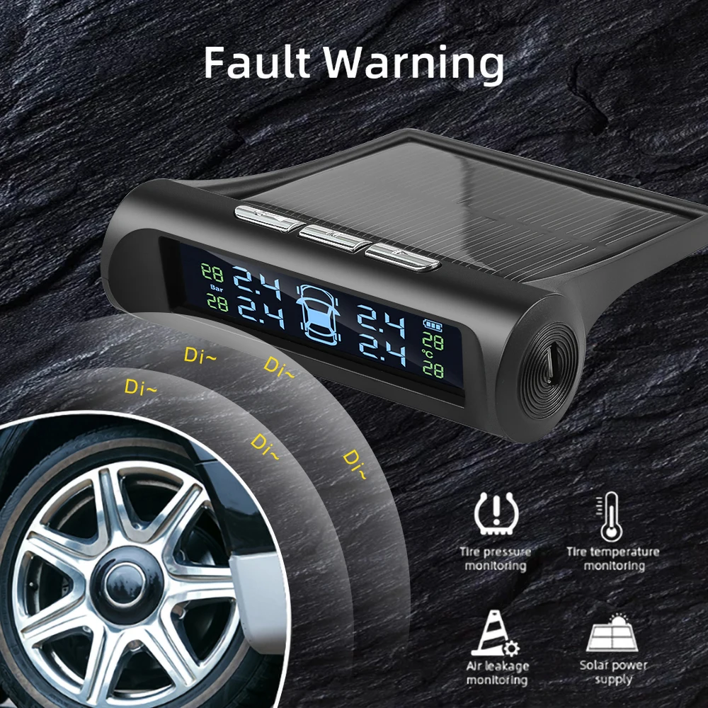 433.92MHZ Car TPMS Digital Solar Power Car Tire Pressure Monitoring System With 4 Sensors USB Auto Security Alarm tool PSI BAR