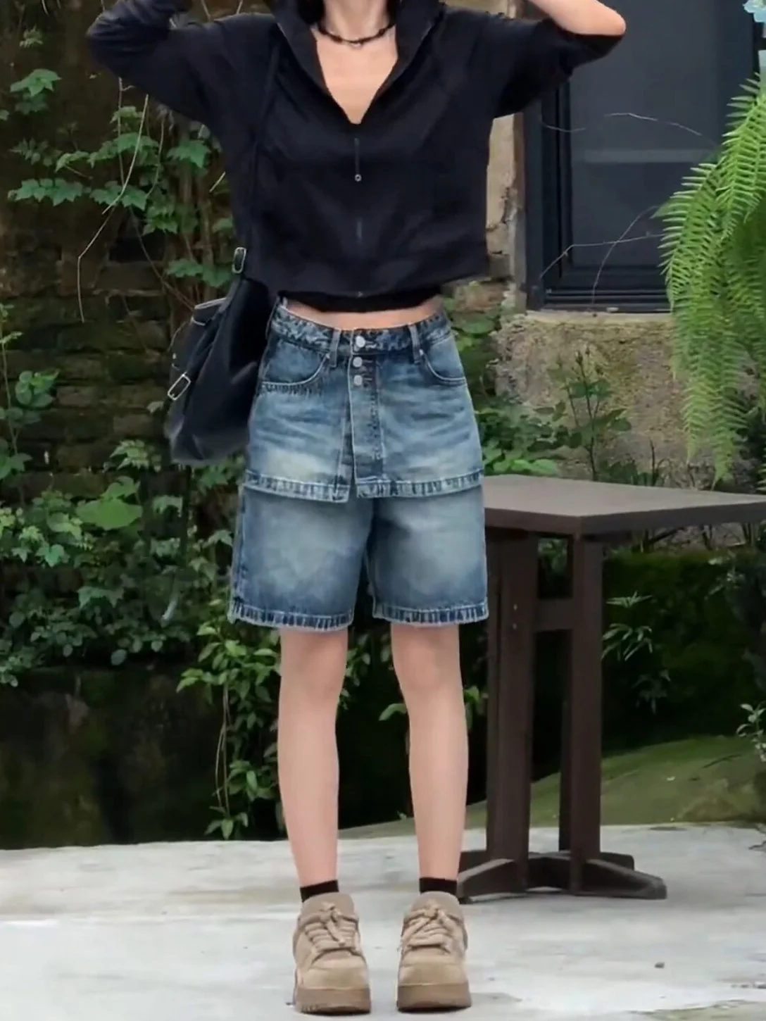 

American Style High Waist Short Jeans Women Summer Thin New Version Fake Two-Piece Five-Quarter Pants plus Size Slimming
