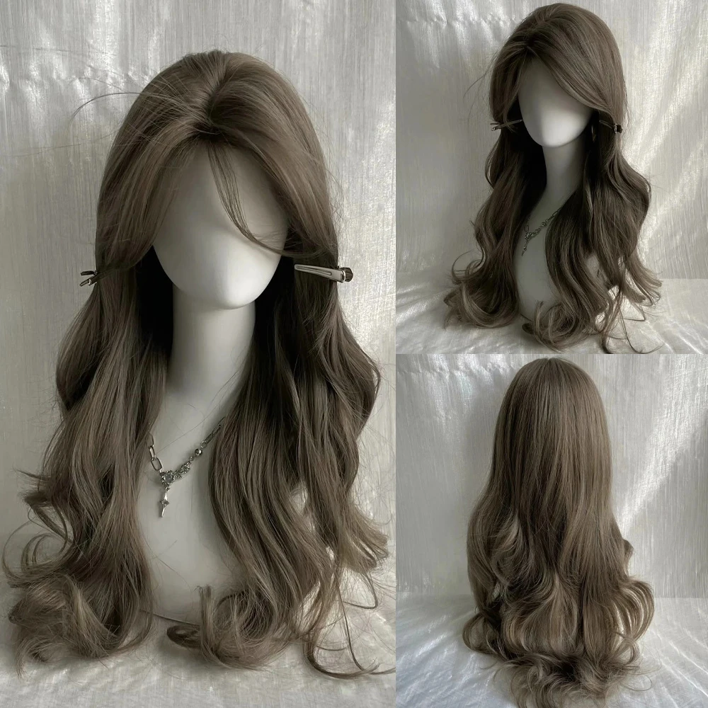 Synthetic Long Wavy Brown Fluffy Wig with Bangs Women Heat Resistant Wig for Lolita Cosplay Daily Party