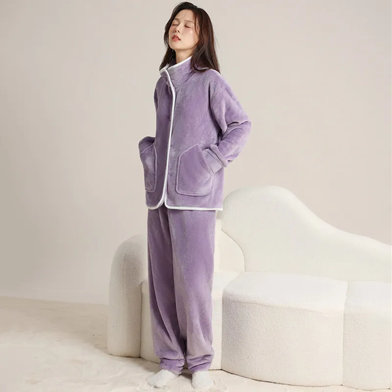 

Hot Coral Fleece Warm Couple‘s Pajamas Set Casual Winter Sleepwear For Sleeping Home Suit For Woman Thick Men Nightwear Pijama