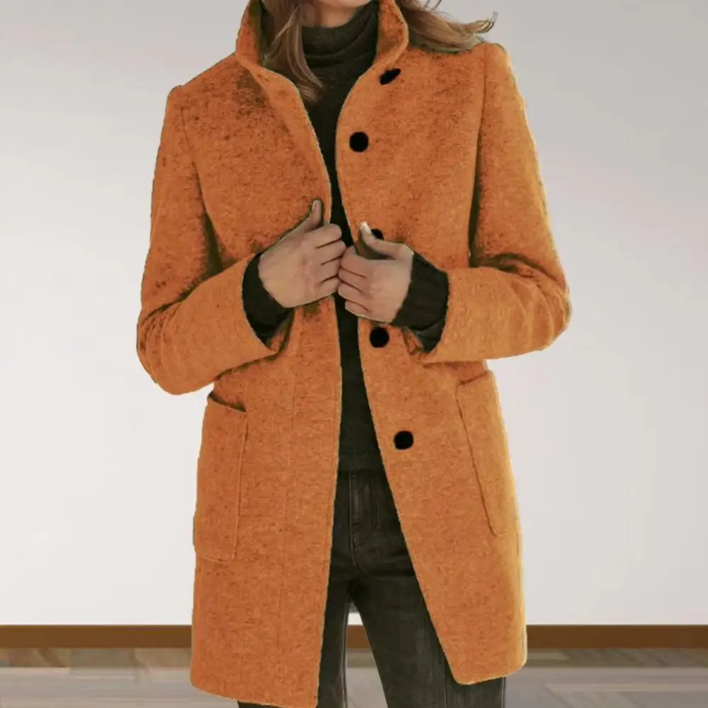 Women Winter Overcoat Single-breasted Retro Stand Collar Long Sleeves Buttons Cardigan Mid Length Spring Autumn Outdoor Woolen C