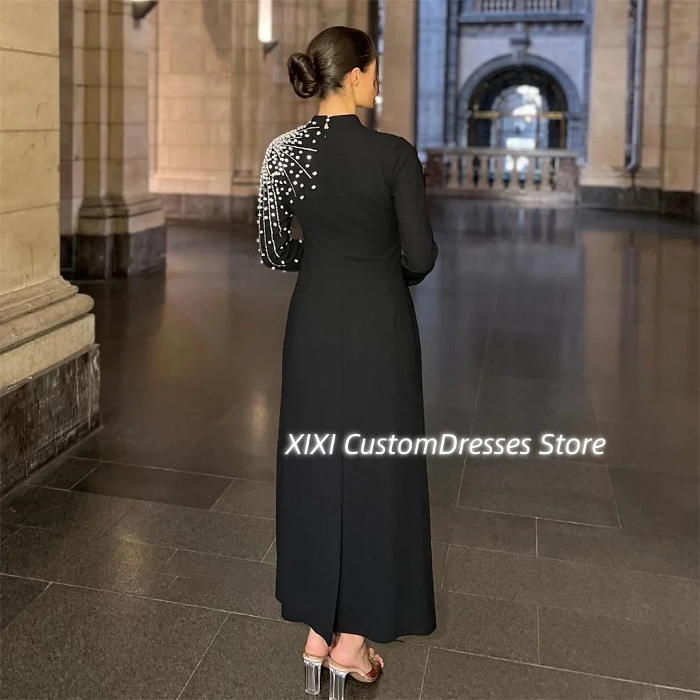 Customized Dubai Luxury فساتين سهرة Scoop Neckline Ankle-Length Beadings Formal Occasion Dresses Zipper Up Long Sleeves Prom Dre