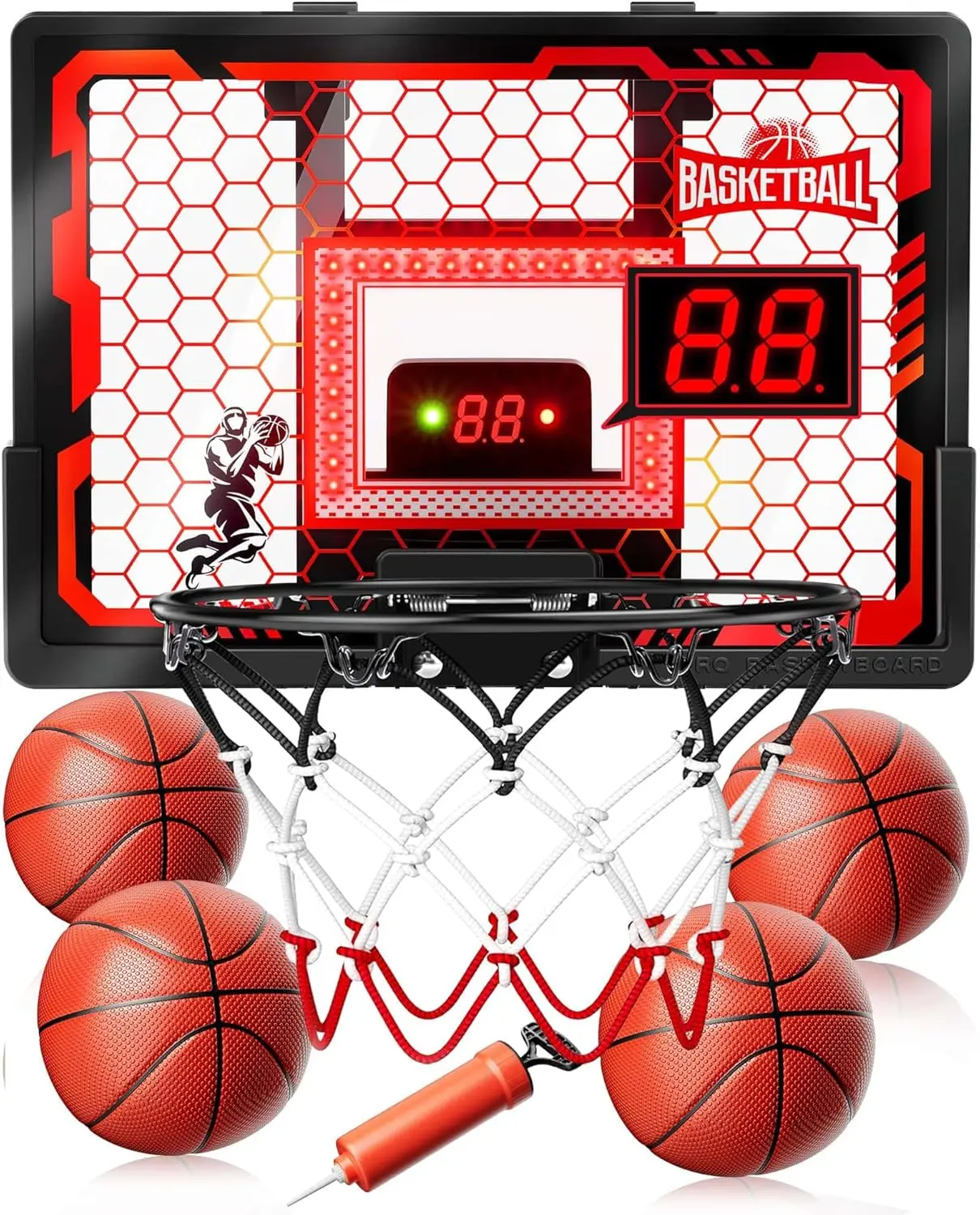 

Over The Door Basketball Hoop for Kids with LED Light, Scoreboard & 4 Balls - Anti-Impact Backboard, Basketball Toys Gifts for Boys Ages 6-12