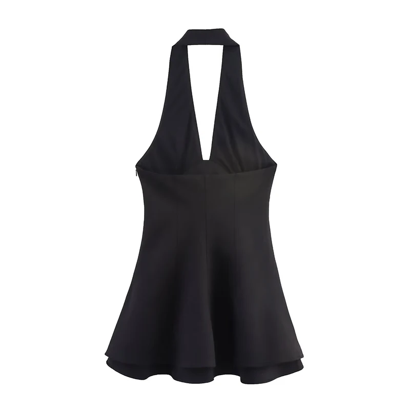 Yenkye sexy sem costas halter mini vestidos de duas camadas para mulheres vermelho marrom preto elegante a linha mini vestido de festa vestidos de natal