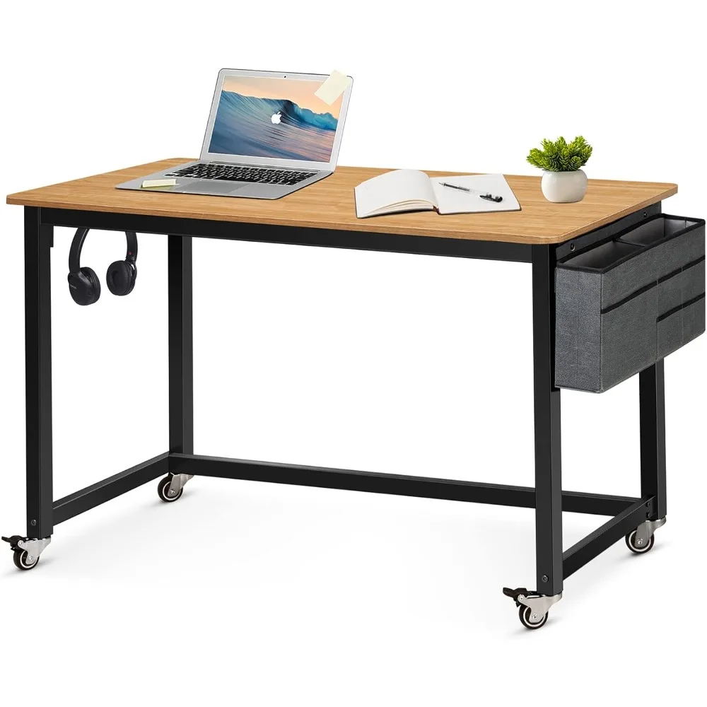 

47" Rolling Computer Desk with 4 Smooth Wheels, Simple Style Mobile Writing Desk Home Office Study Table Movable Workstation wi