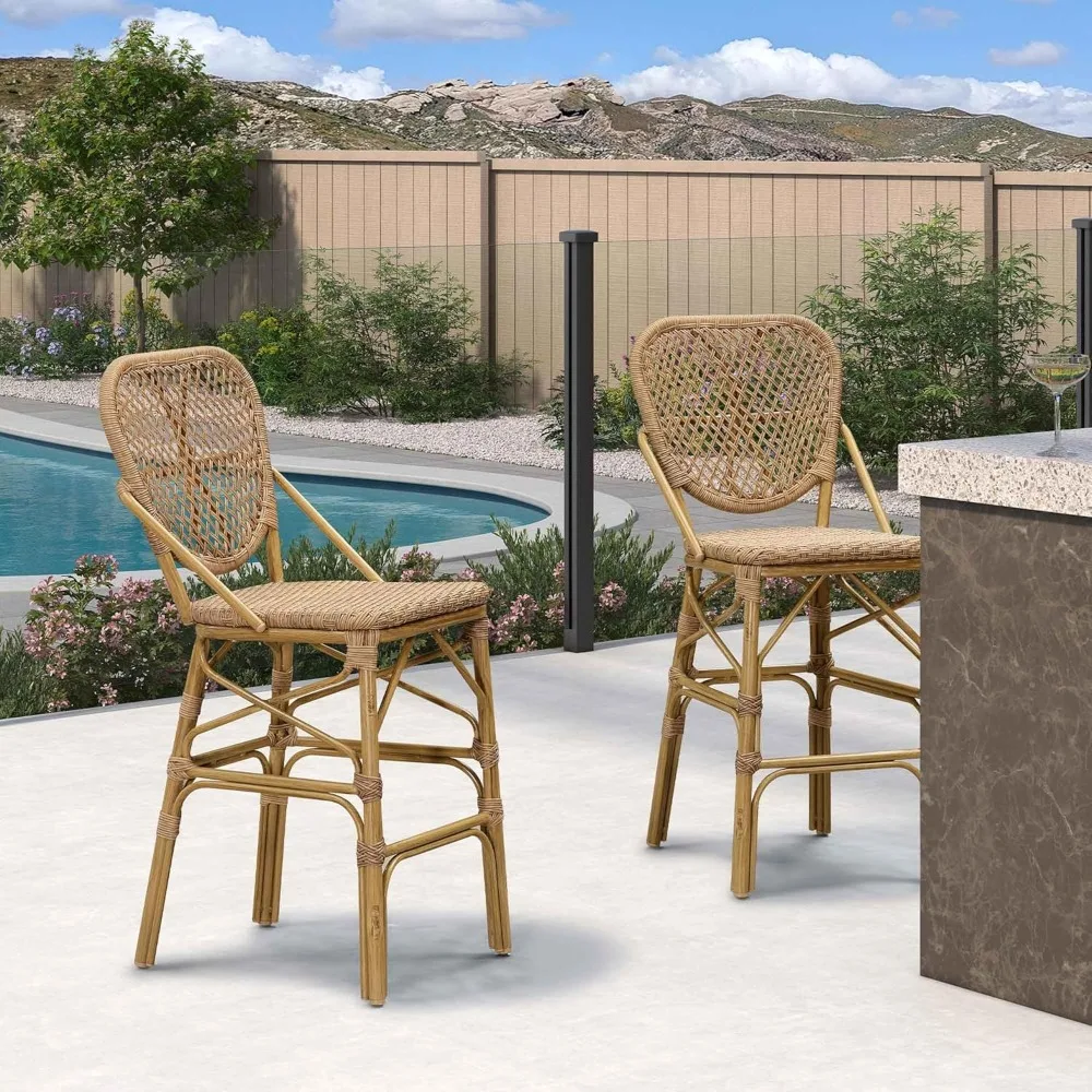 

French Counter Height Bar Stools Set of 2 Patio Rattan Aluminum Bamboo Pattern Finish Barstools with Back for Pool G