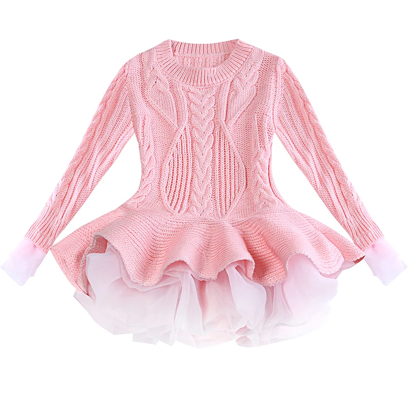 Baby Warm Girl Knitted Chiffon Dress Christmas Wedding Party Mini Tutu Dresses Winter Kids Girls Sweater Children Clothes Dress