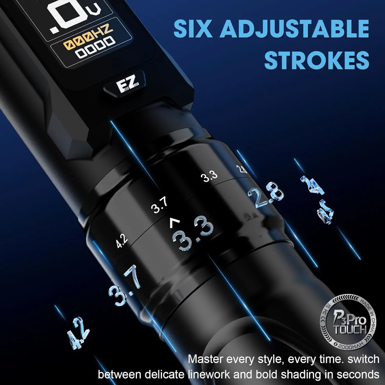 ماكينة رسم الوشم التجميلي اللاسلكية EZ P3 PRO تعمل باللمس الكبيرة 2.0-4.2 مللي متر 2000 مللي أمبير P3 PRO أطقم مع توريد إبر الوشم خرطوشة EZ