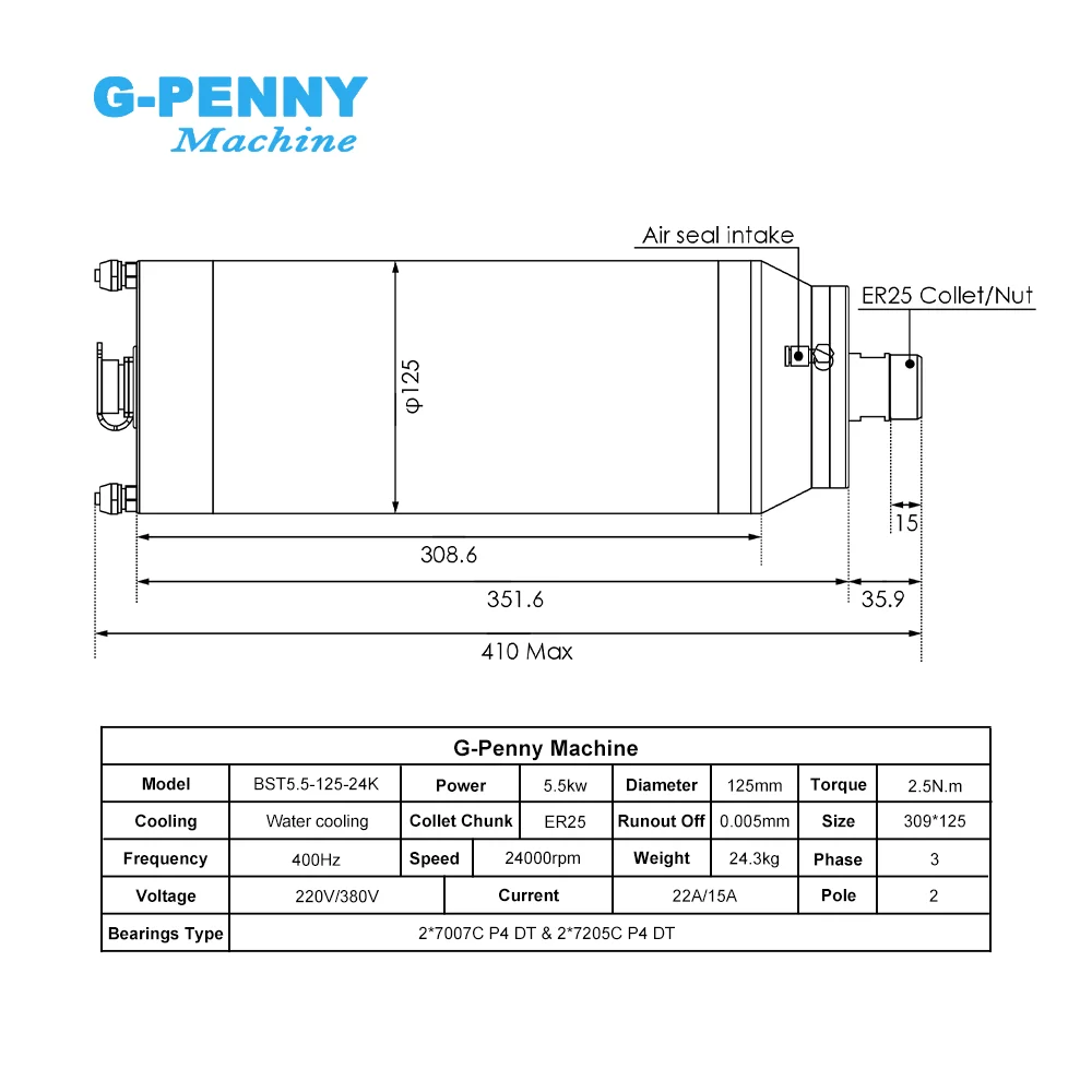 G-Penny 5.5KW ER25 Bullet Nozzle Water Cooled Spindle Motor for Granite 6000-12000rpm 125mm Ceramic Bearings 5.5kw VFD Braket