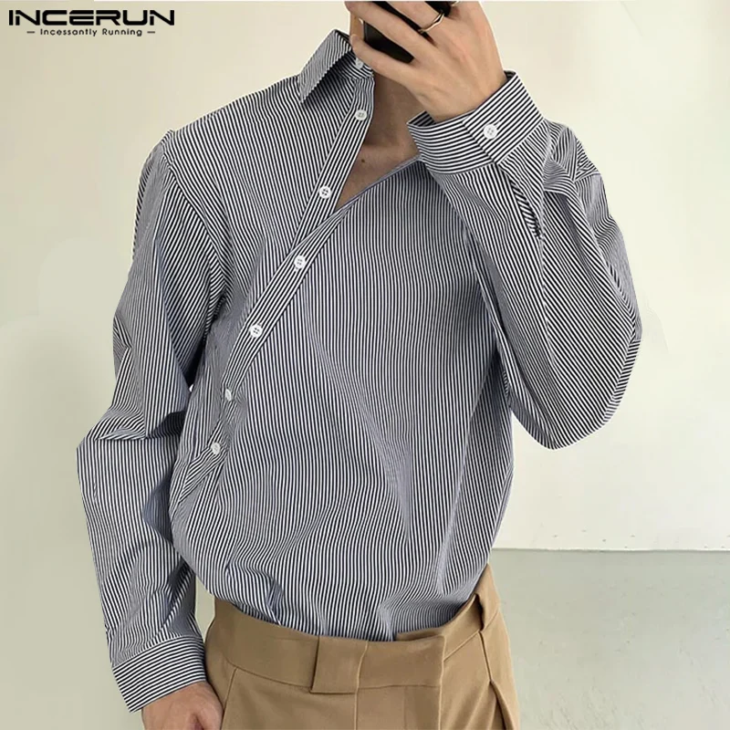 INCERUN Tops 2025 Korean Style Fashion Men's Simple Diagonal Placket Design Shirts Casual Streetwear Striped Long Sleeved Blouse