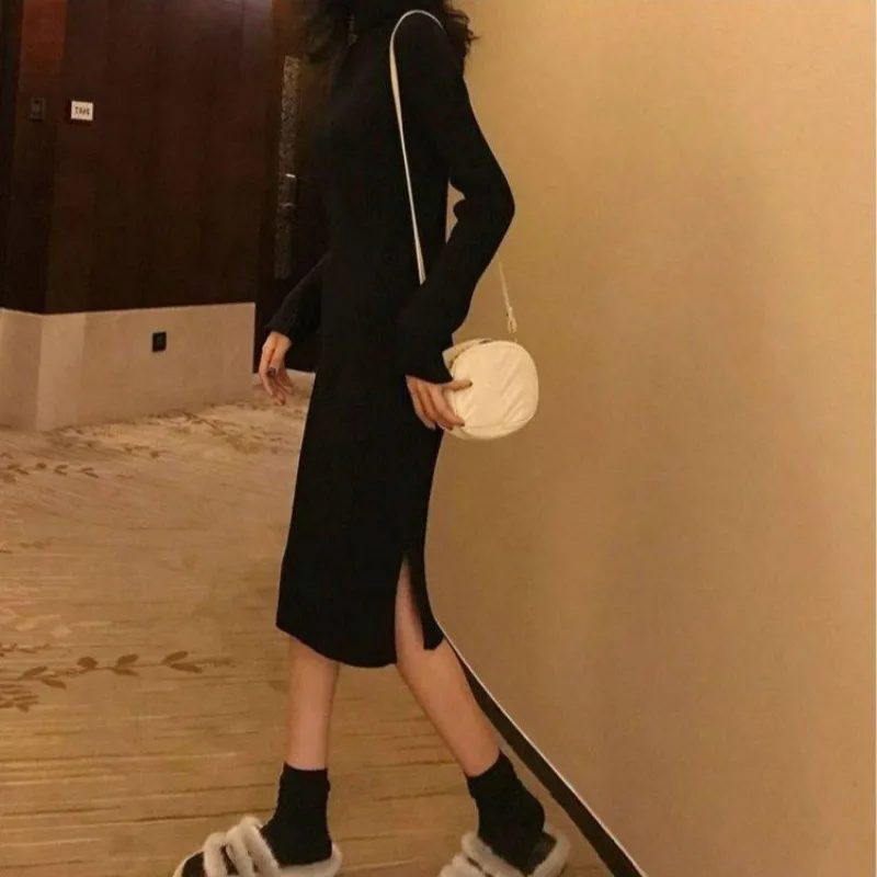 Woman Knitted Dress Turtleneck White Knee Length Split Crochet Dresses for Women Midi Cover Up Vintage Full Sleeve Trendy Thic X