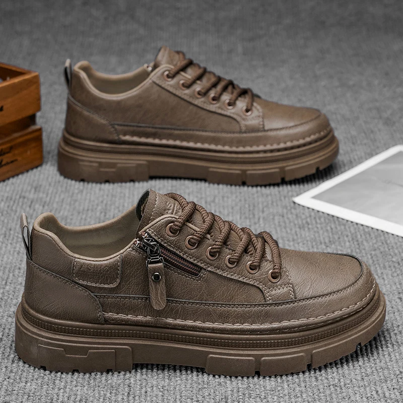 

Men's Chunky Platform Casual Shoes | Leather Lace-Up Sneakers with Side Zipper