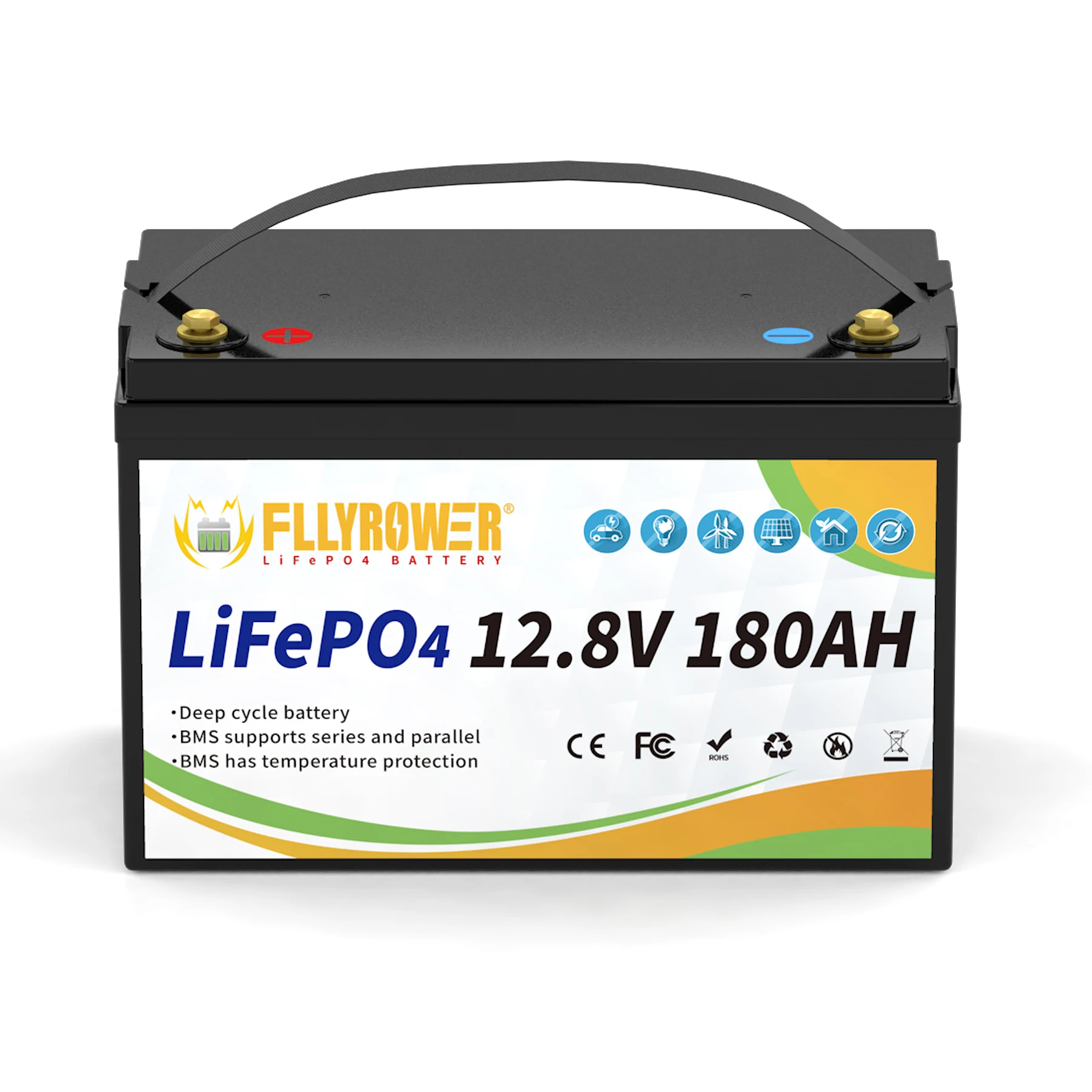 Duitsland Voorraad FLLYROWER 12.8v 100Ah Bluetooth 120Ah 180Ah 300Ah LiFePO4 Batterij Solar Lithium Lifepo4 Batterij