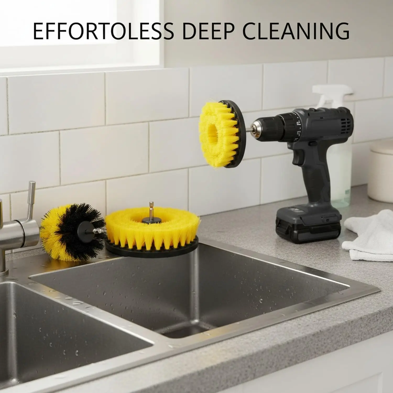 Yellow Drill Brush Attachment with Metal Shank - Nylon Power Scrubber for Bathtub, Tile Grout, Oven Racks and Car Wheels