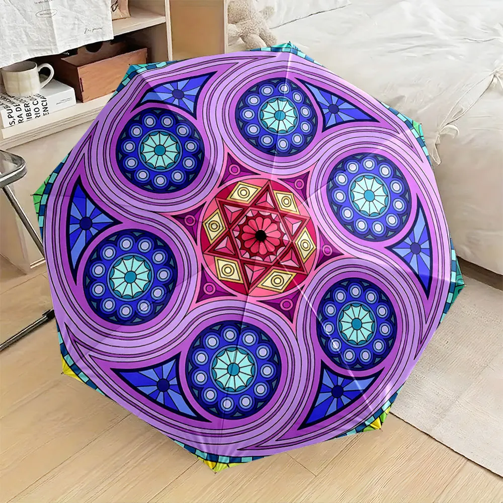 1PC Stylish umbrella with intricate geometric patterns Print 8 Iron Ribs Folding Umbrella Auto-Open Fashion Sunshade