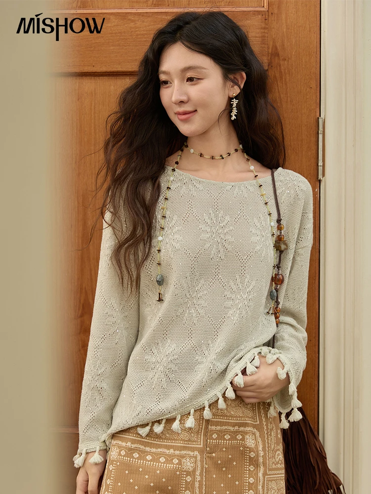 

MISHOW женский светло-зеленый вязаный топ с манжетами по подолу и кисточками, осень 2022, топы с вышивкой подсолнечника и аппликацией из пайеток MXE43Z1346